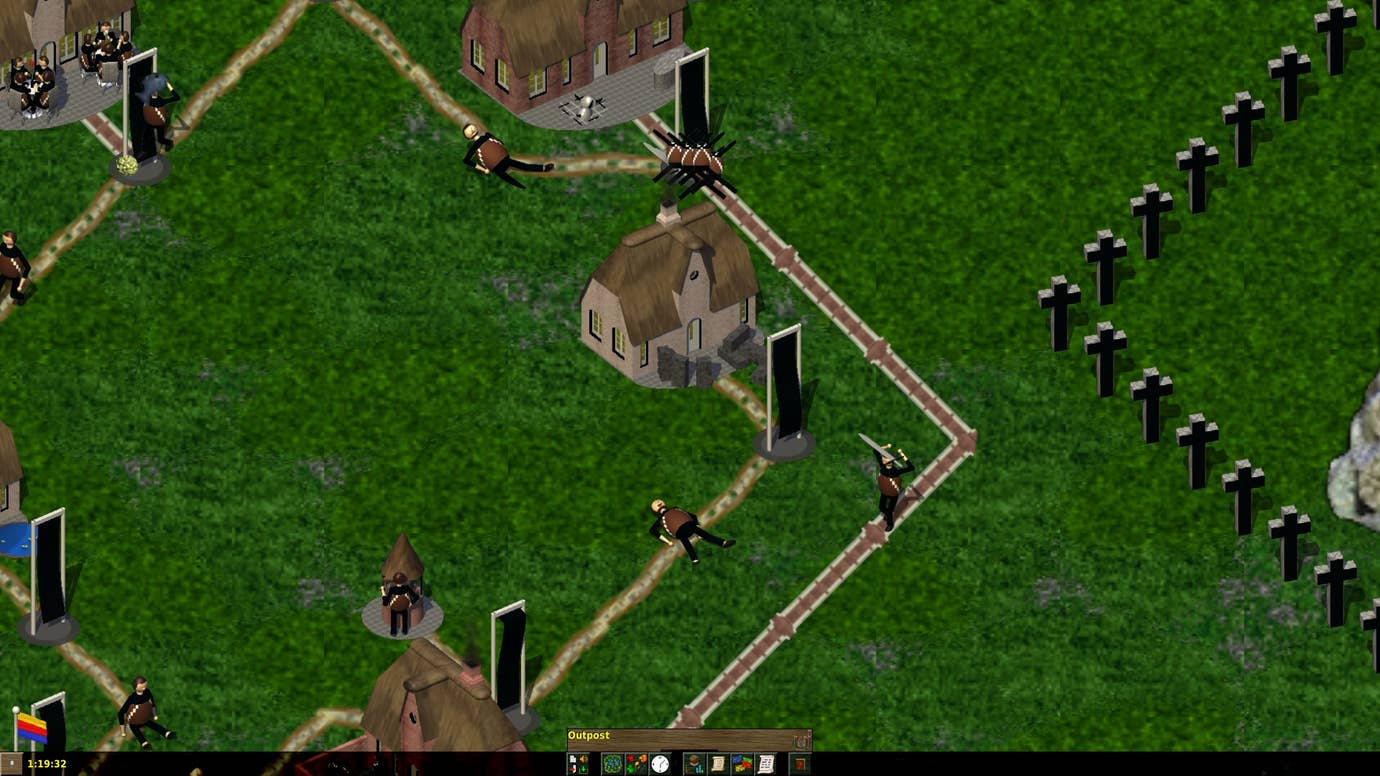 Two soldiers fight outside a home in Widelands. One soldier is on the ground while another raises his sword.